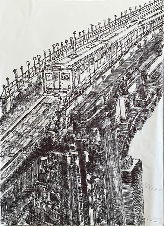 Dessin à l'encre de Chine de Bernard Grandgirard, vue de l'exposition "Fragments d'ailleurs" à la Ferme de la Chapelle