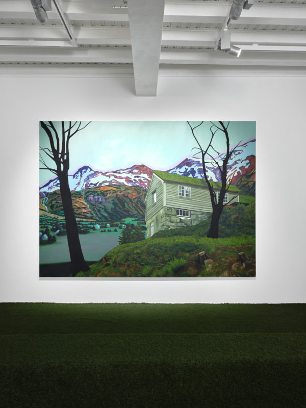 Peinture de Sylvie Lambert, "Chalet n°5", vue de l'exposition "Synthèse d'une nature" à la Ferme de la Chapelle