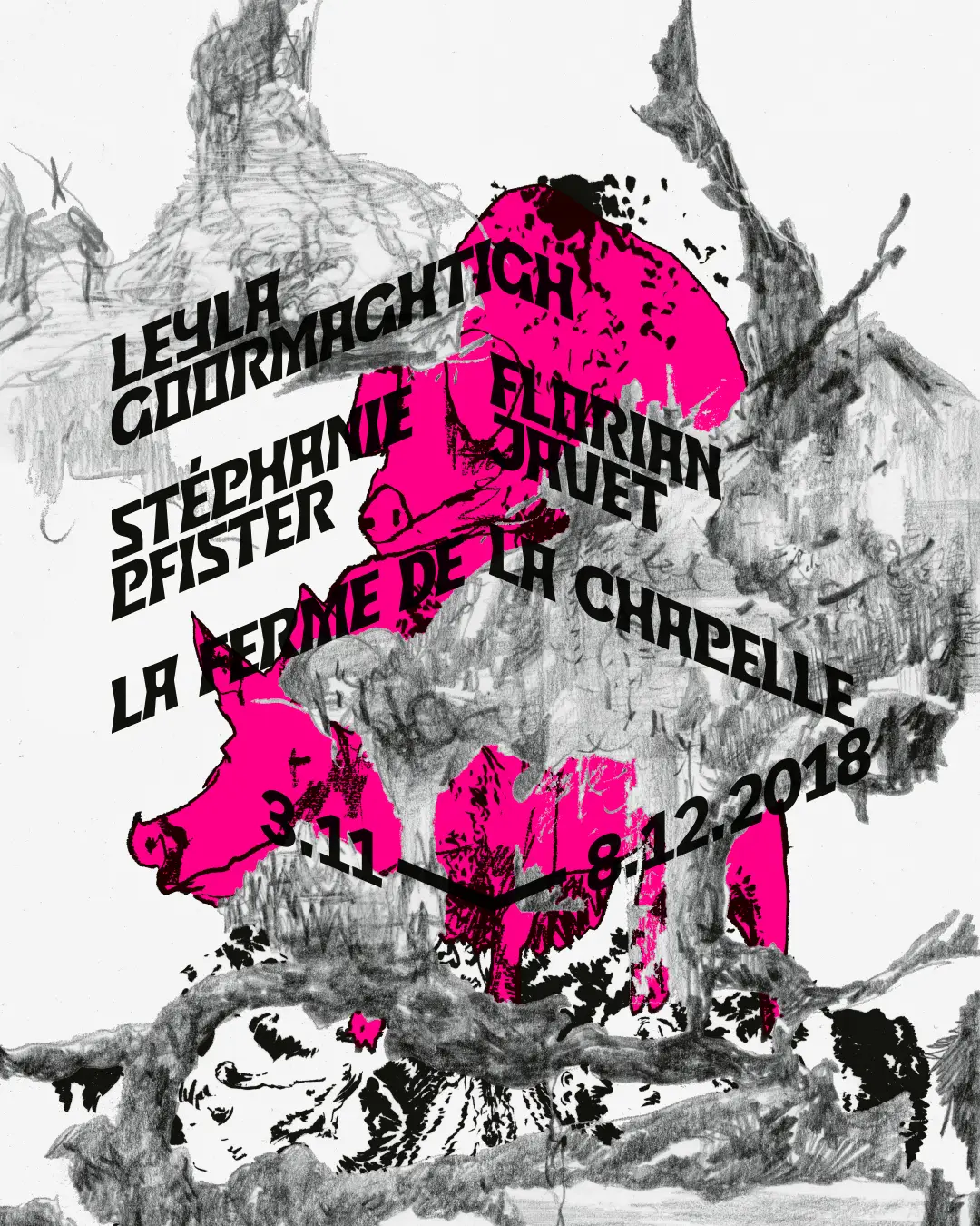 Affiche de l’exposition de Leyla Goormaghtigh, Stéphanie Pfister et Florian Javet à la Ferme de la Chapelle.